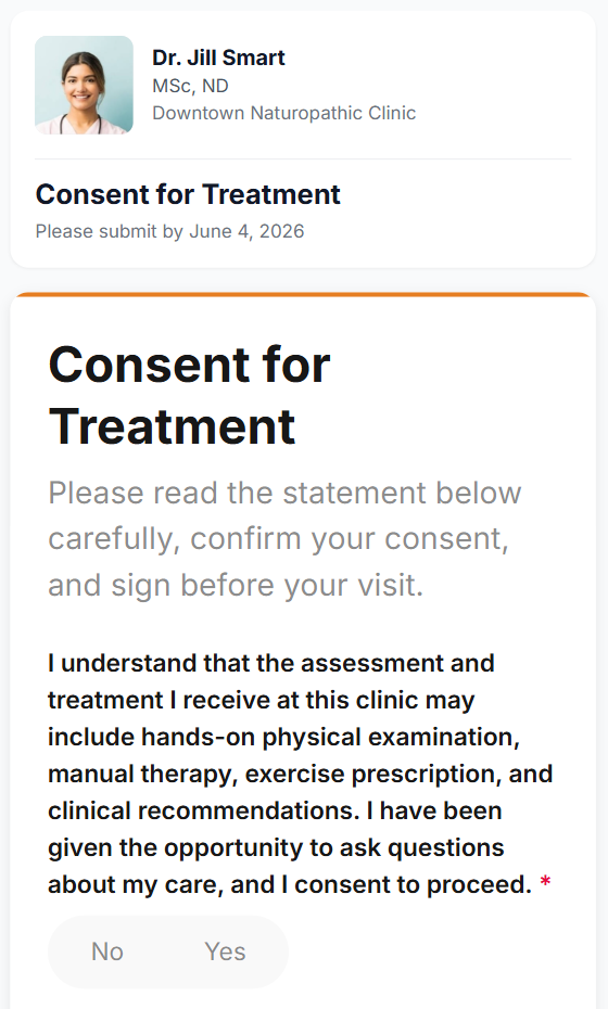 A mobile view of what a patient will see when they start filling out a SmartForm version 2. SmartForm version 2 forms are fully mobile compatible.